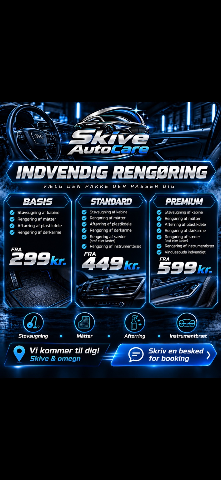 Skive AutoCare prisliste: Basis fra 299 kr., Standard fra 449 kr., Premium fra 599 kr.